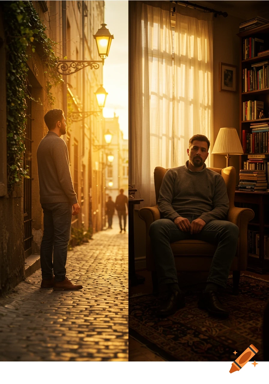 A split photorealistic image showing a man in a sunlit cobblestone alley on the left and sitting in an armchair in a sunlit room on the right.