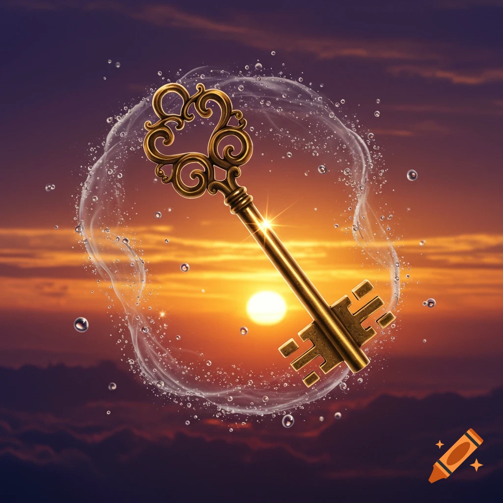 A golden, ornate skeleton key with intricate designs, surrounded by water splashes and bubbles, set against a vibrant orange and purple sunset sky.