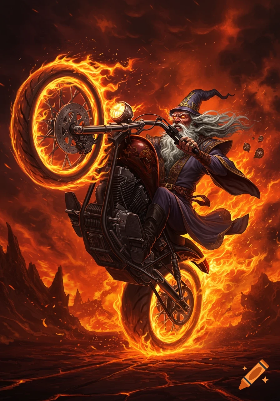 A fierce wizard on a flaming motorcycle pops a wheelie over a hellish, lava-filled landscape, in a vibrant fantasy art style.