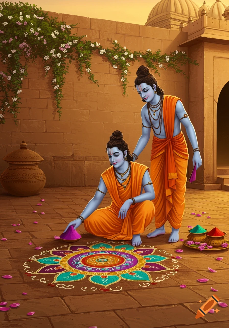 Two blue-skinned figures in orange robes create a vibrant rangoli design on a courtyard floor, surrounded by colored powders and petals.