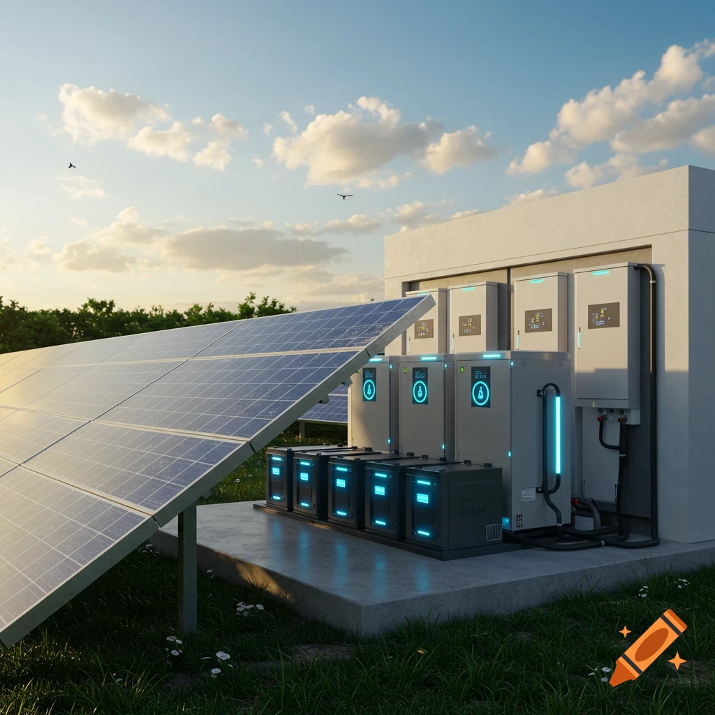Photorealistic image of solar panels connected to a battery storage system and inverters in a field at sunset.