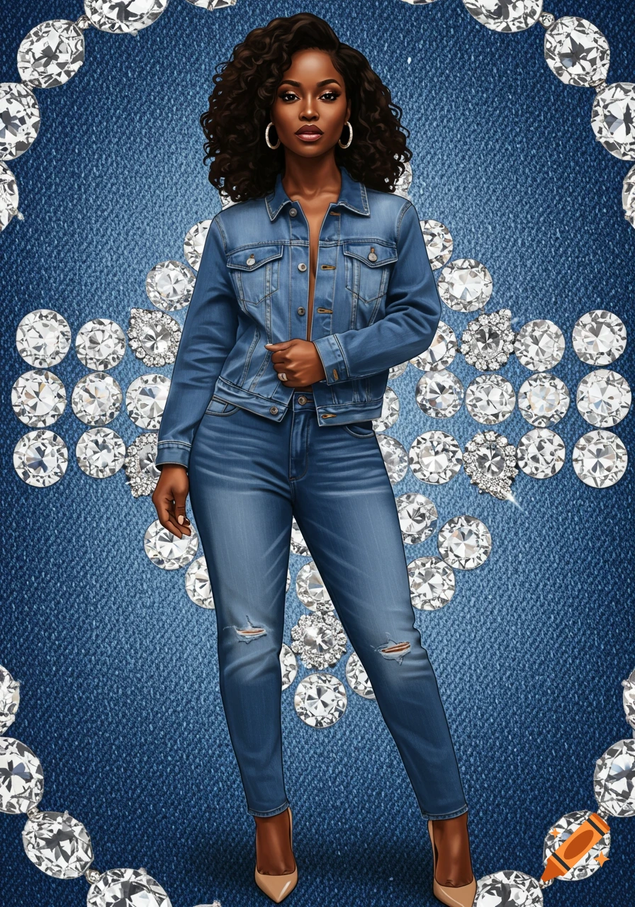 A Black woman in a denim jacket and jeans stands against a blue denim background adorned with sparkling diamonds.