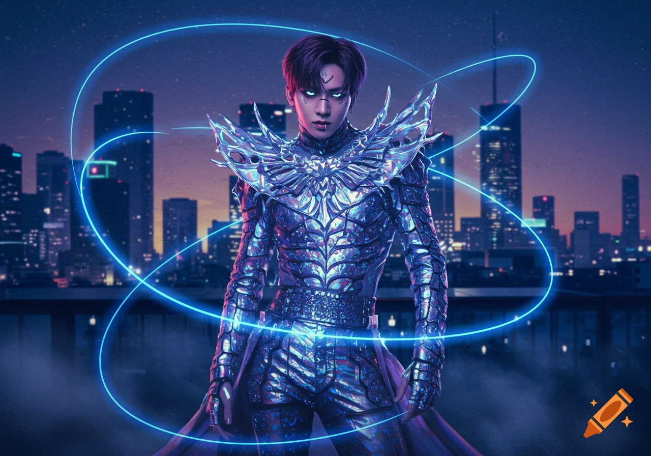 A person in glowing, iridescent futuristic armor with glowing eyes stands against a nighttime cityscape with blue energy spirals.