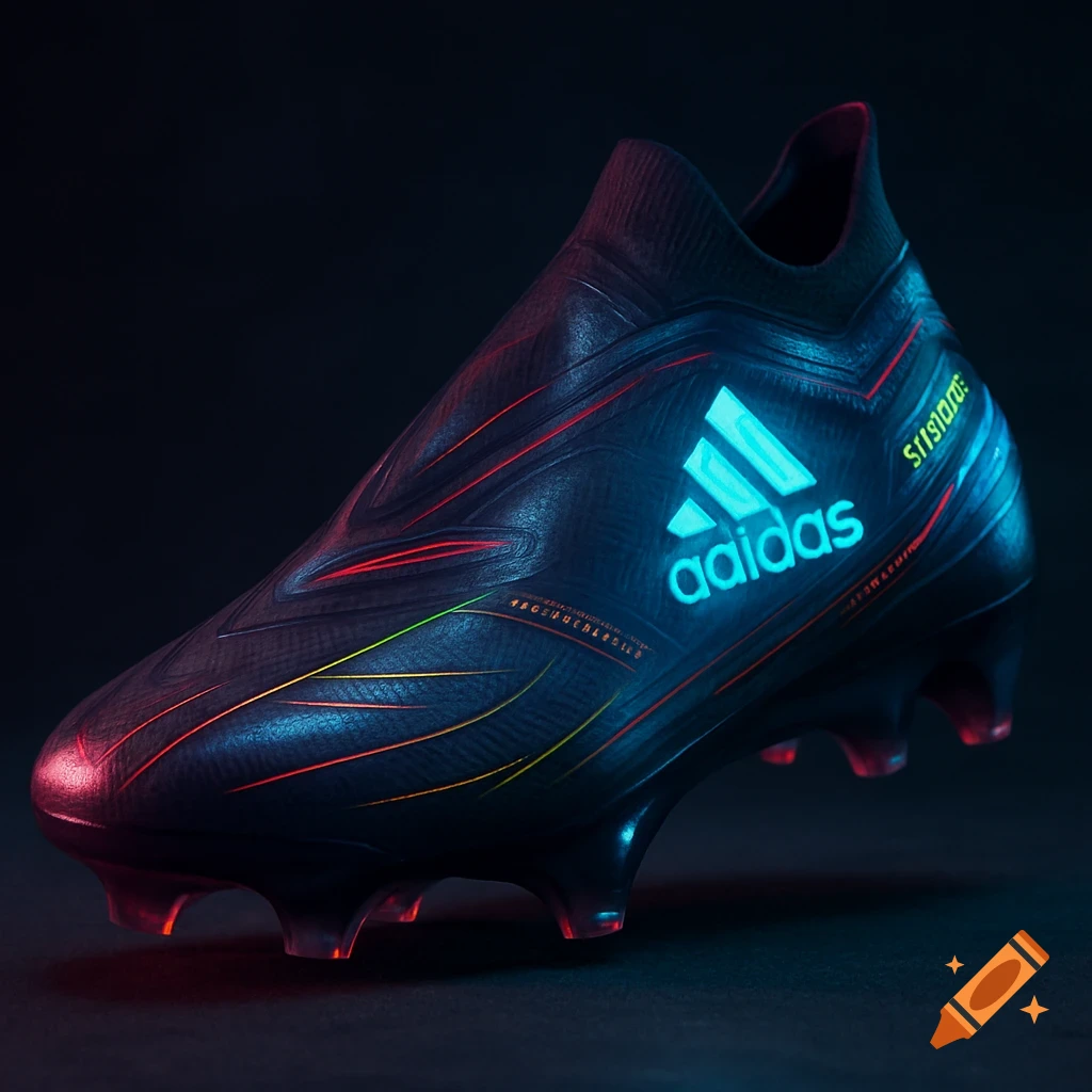 A dark, futuristic Adidas soccer cleat glows with neon blue, red, and yellow accents on a dark background, in a highly detailed shot.