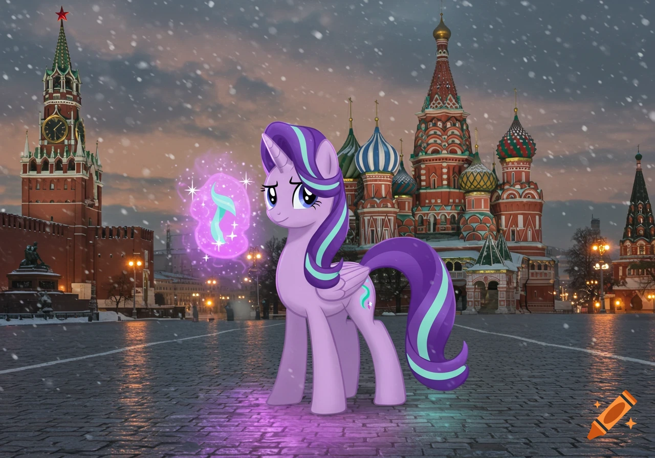 Starlight Glimmer, a purple unicorn pony with a glowing purple aura, stands in a snowy Red Square with St. Basil's Cathedral and the Kremlin at dusk.