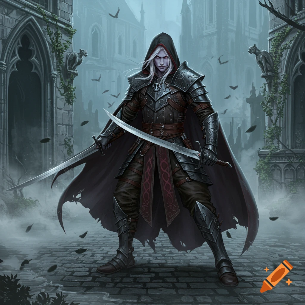 A white-haired male warrior in dark fantasy armor and a tattered cape holds two swords, standing in a misty, ruined gothic setting.