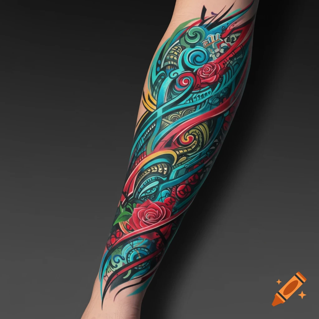 A vibrant, intricate abstract tattoo with swirls, lines, and red roses covering a person's forearm.