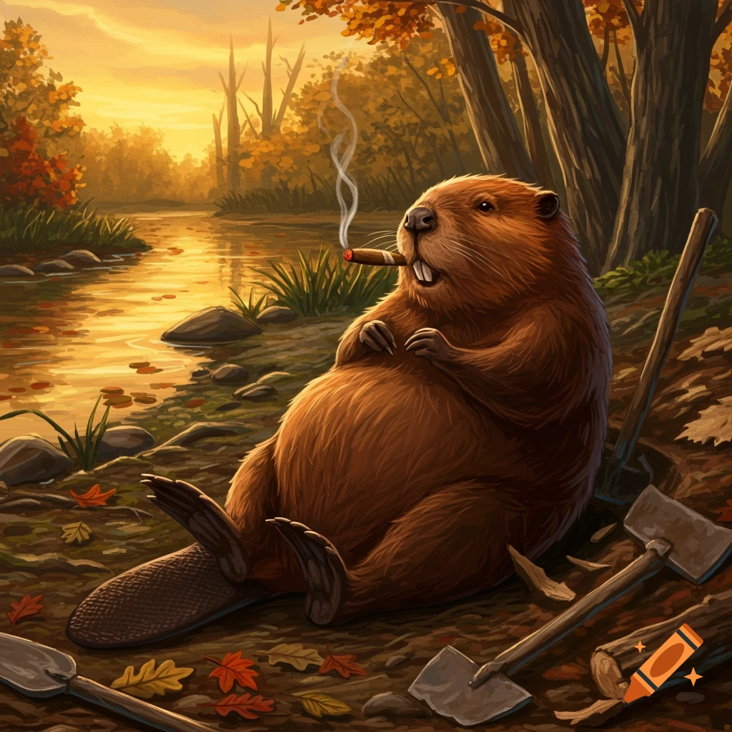 A stylized illustration of a plump beaver lounging by a river in an autumn forest, smoking a cigar.