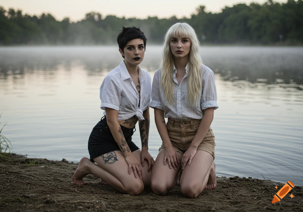 Two women kneel at the edge of a misty lake. One has short dark hair and tattoos, the other has long blonde hair.