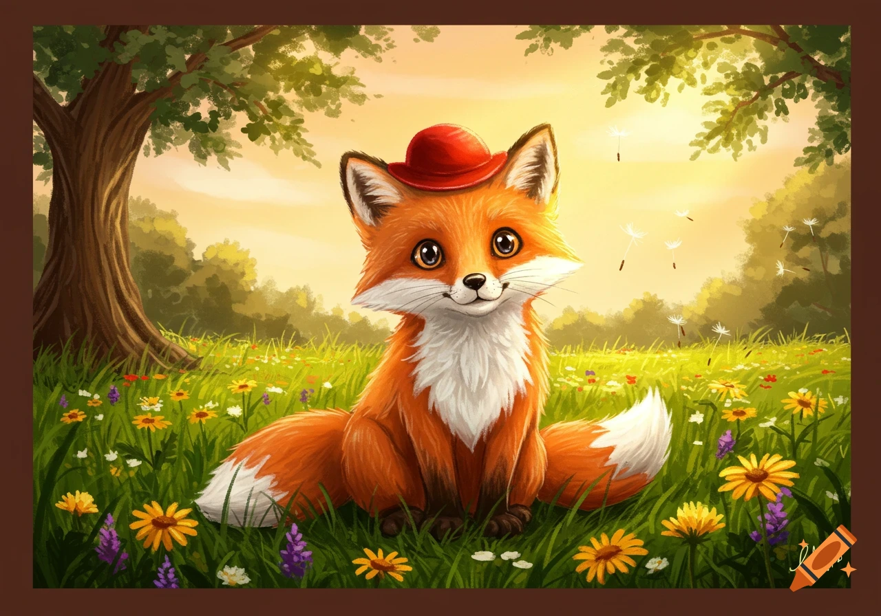 Cute cartoon fox wearing a red hat sits in a sunny meadow filled with colorful flowers and dandelions floating in the air.