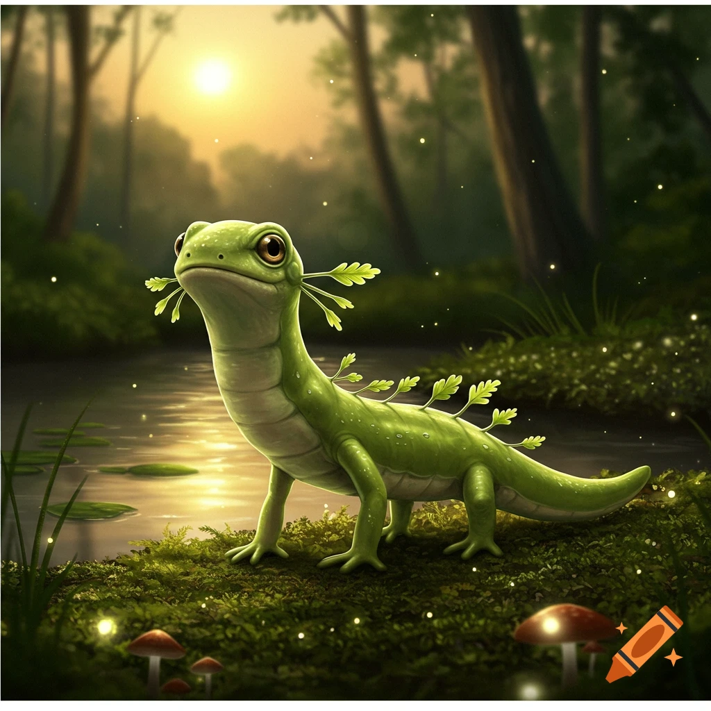 An illustration of a cute green lizard-like 'Sojamolch' with leaves on its back, standing on moss by a pond in a magical forest at sunset.