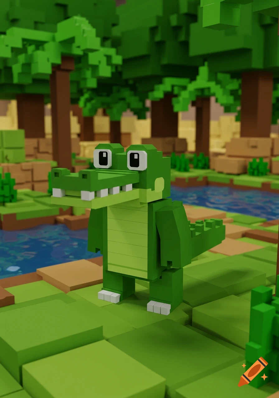 A green blocky crocodile stands on a path in a vibrant voxel-style jungle with a river.