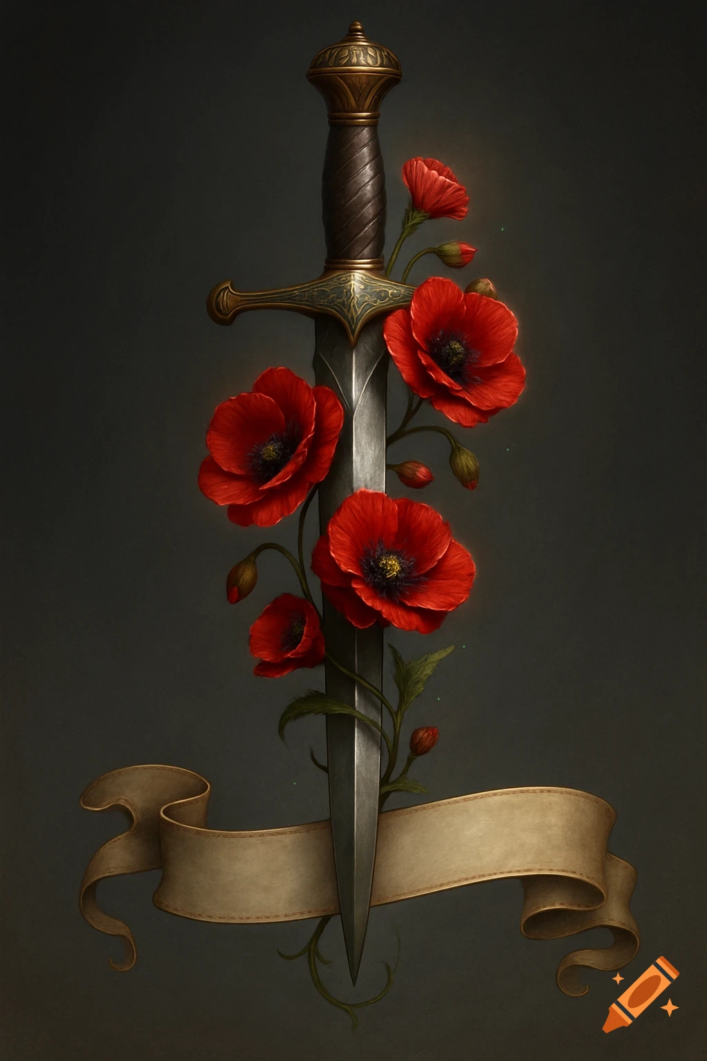 A finely crafted dagger with an ornate hilt, wrapped with vibrant red poppies, above a blank scroll-like banner, against a dark background.