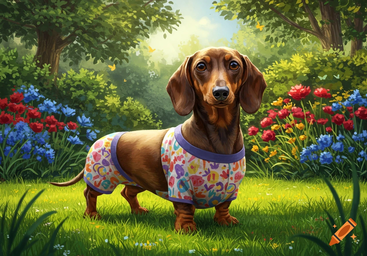 A brown dachshund wearing colorful patterned boxershorts stands in a vibrant green garden with red and blue flowers.
