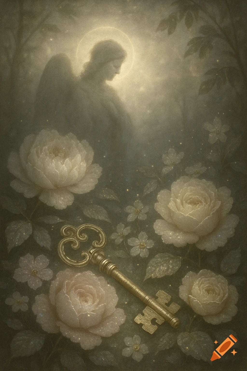 A serene painting of an angel with a halo and wings looking down over light-colored roses, small flowers, and a golden ornate key.