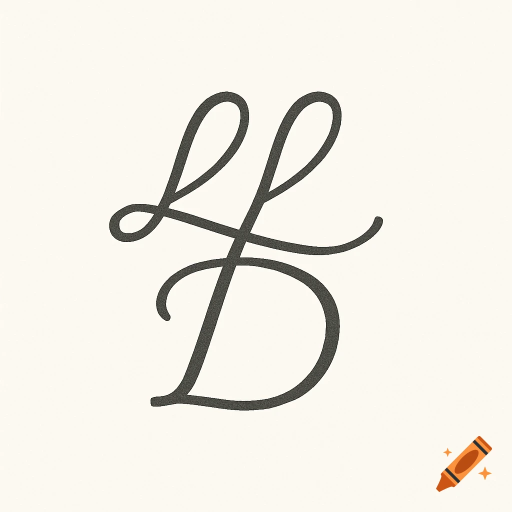 An elegant charcoal gray calligraphic monogram combines two stylized 'L's at the top and a 'D' at the bottom on an ivory background.