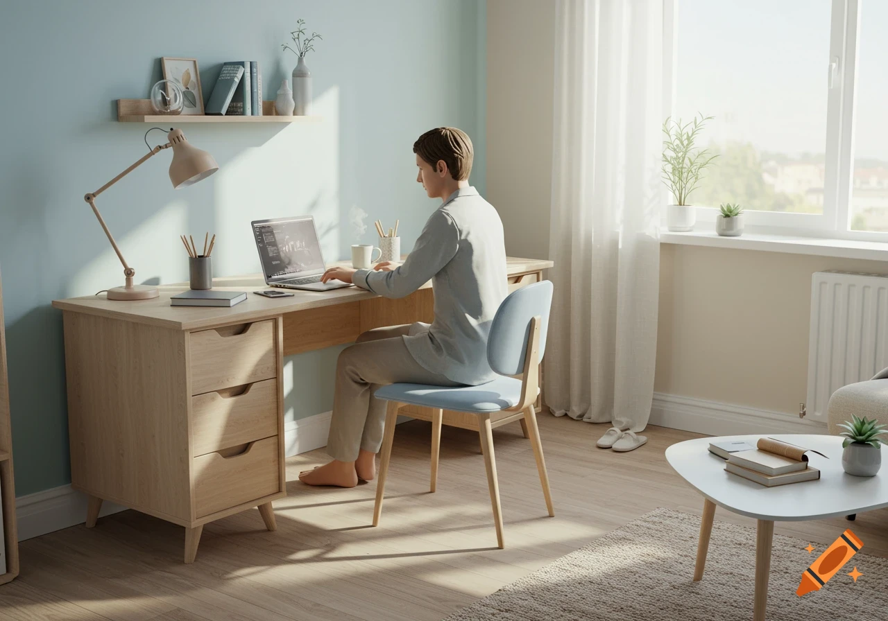 A person works on a laptop at a light wood desk in a Scandinavian minimalist home office with natural light.