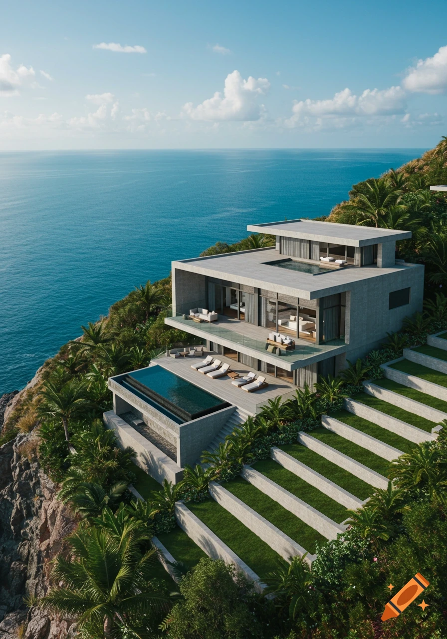 A modern, multi-tiered concrete villa with infinity pools and terraces, built into a lush green hillside overlooking a vast blue ocean under a partly cloudy sky.