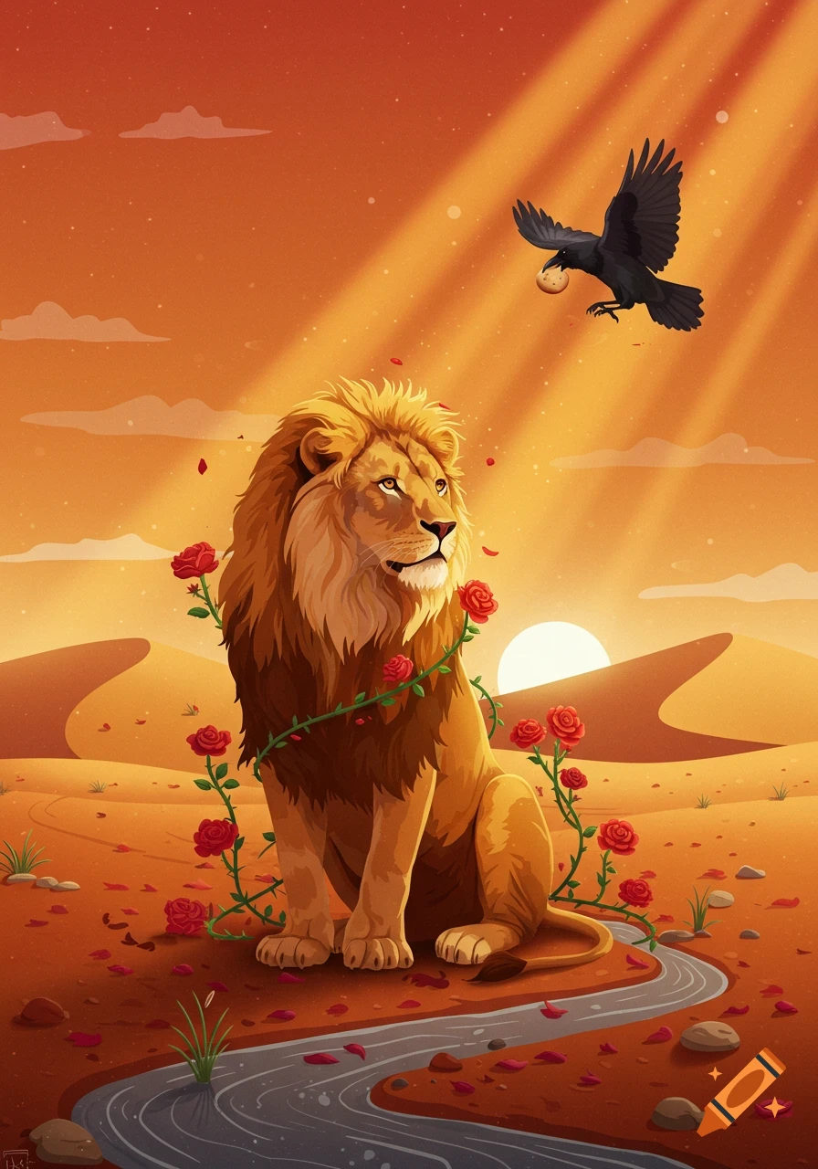 A stylized lion sits in a warm desert with rose vines, looking up at a raven carrying bread. Light rays shine from the sky.