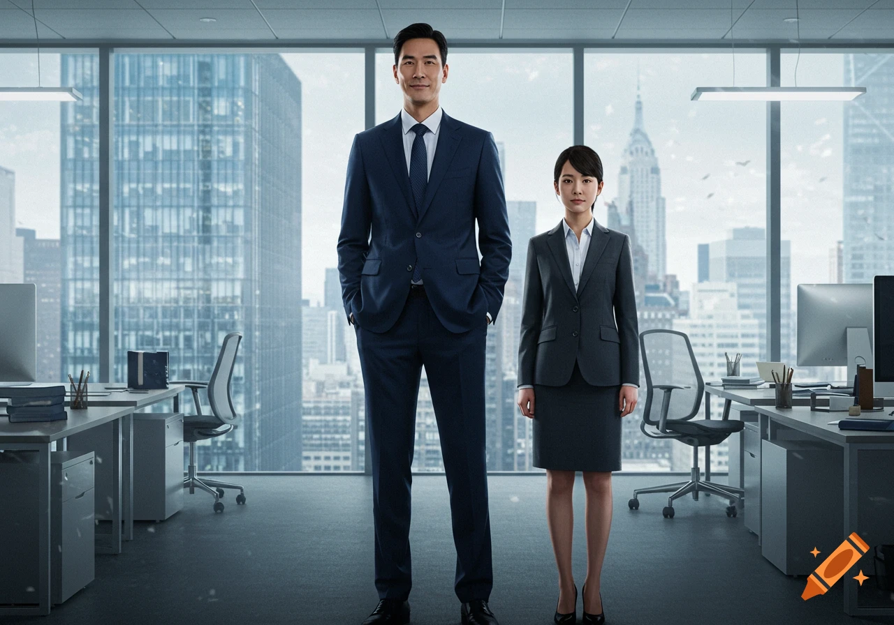 A man and a woman in business attire stand in a modern office with large windows overlooking a city skyline. The man is significantly taller than the woman.