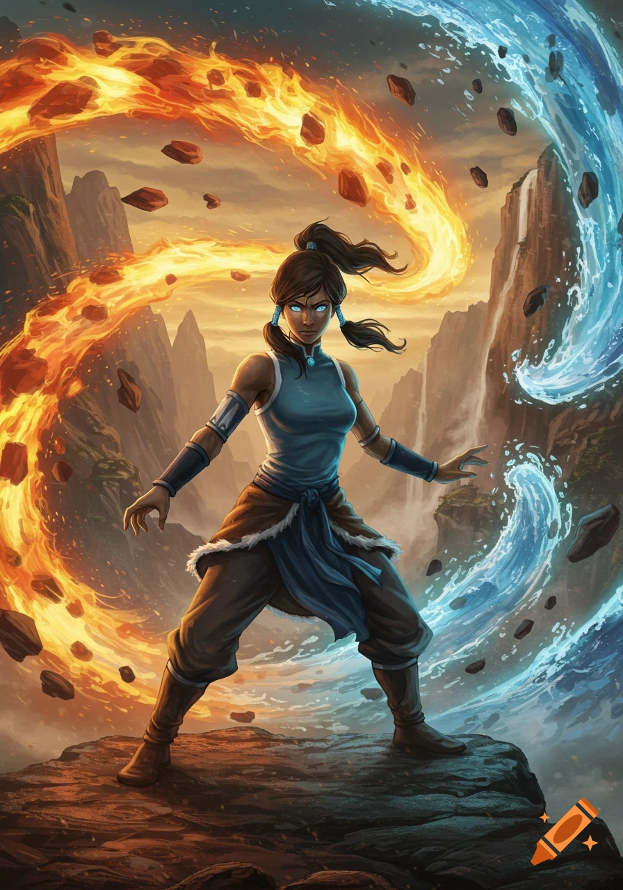 Korra simultaneously bends fire and water, with glowing blue eyes, against a mountainous sunset backdrop.