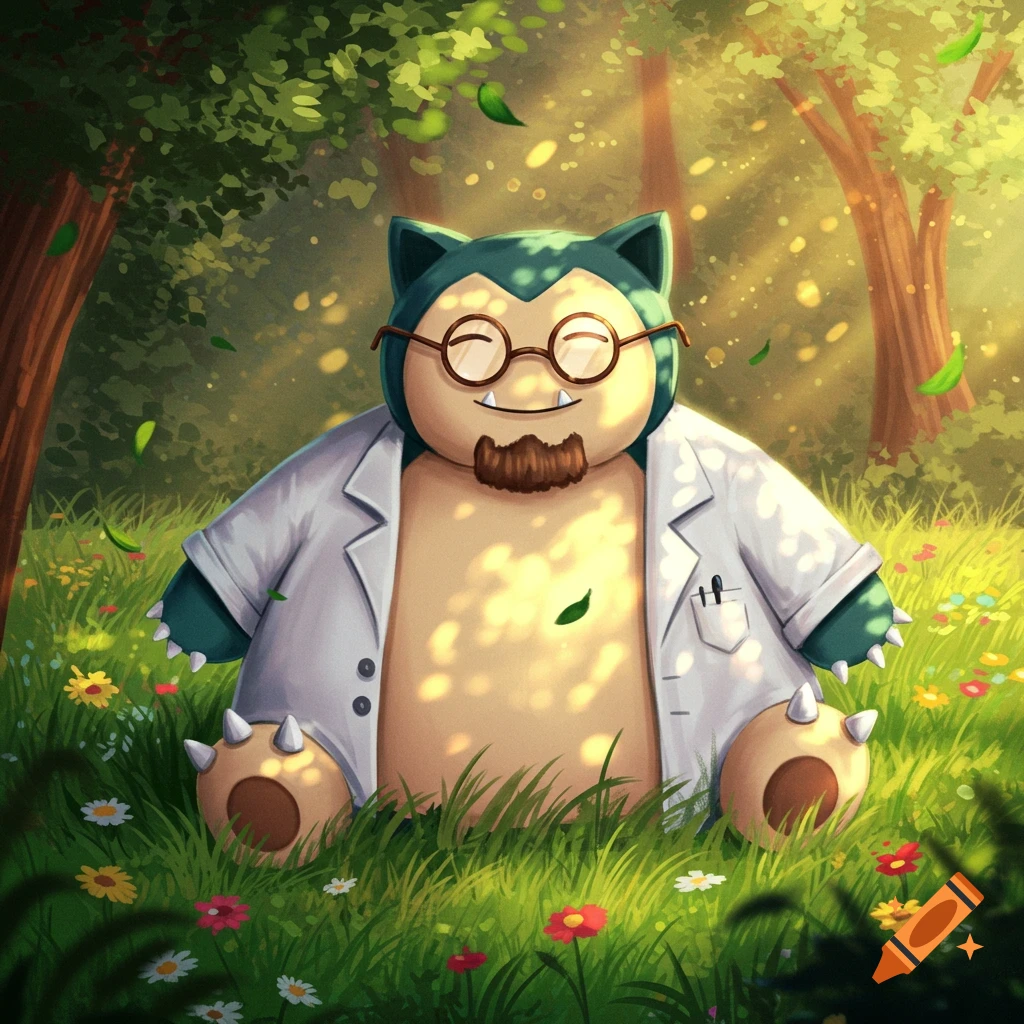 An illustrated Snorlax wearing glasses, a beard, and a lab coat, sitting in a sunlit, flower-filled forest.