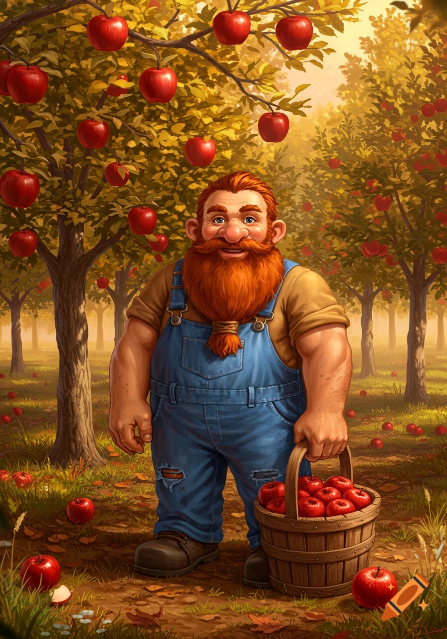 A cheerful dwarf with a red beard and blue overalls stands in an apple orchard, holding a basket of red apples.