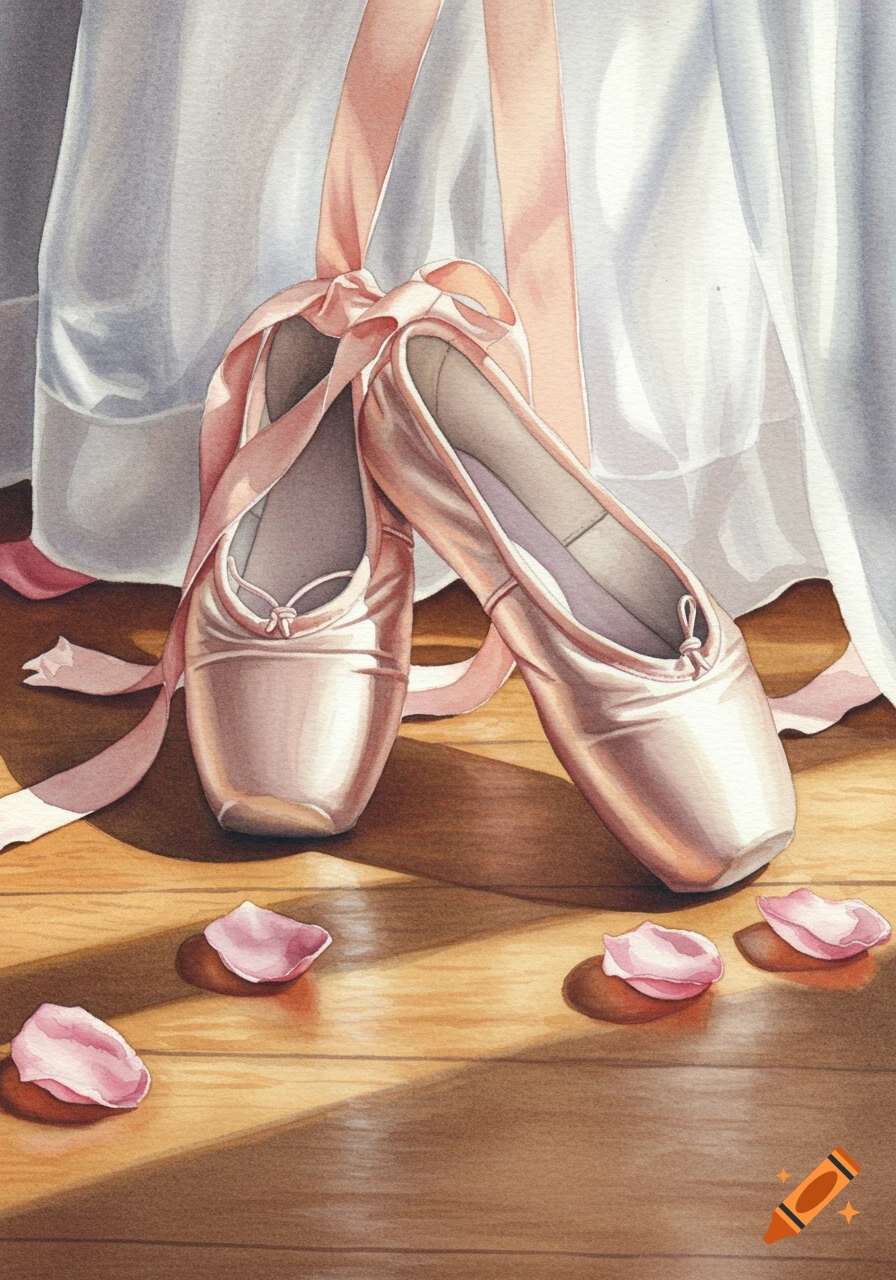 A watercolor painting of two pink ballet pointe shoes with ribbons on a wooden floor, with scattered rose petals and sunlight.