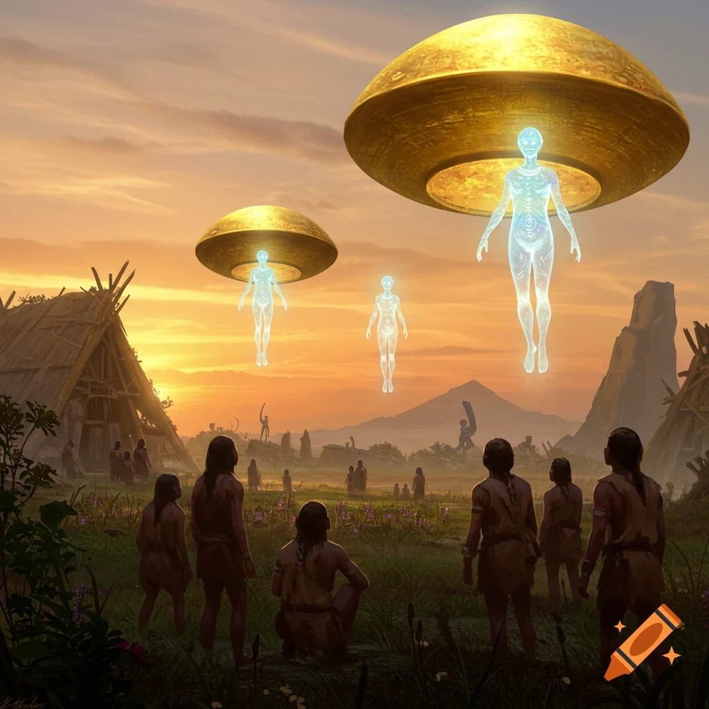 Ancient humans in a primitive village gaze up at glowing alien figures descending from golden UFOs in a vibrant sunset sky.