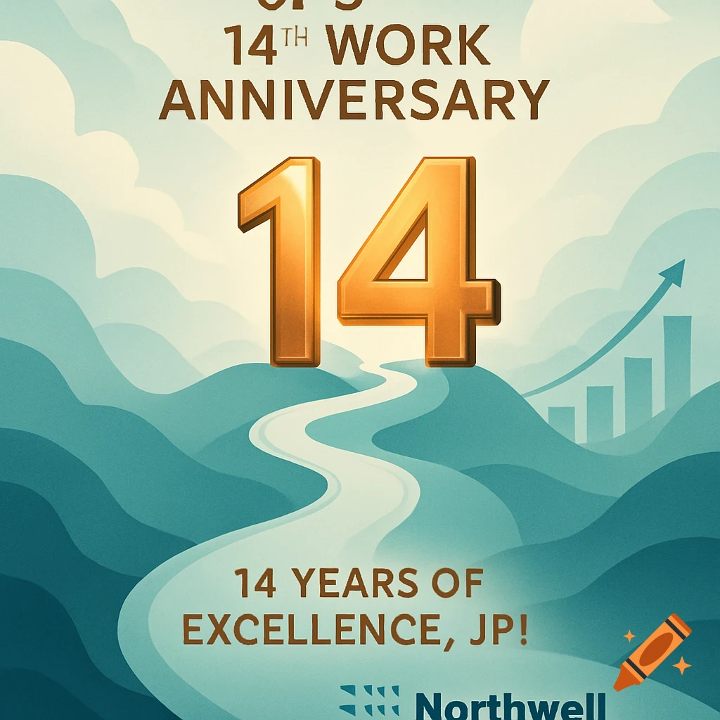 An illustration celebrating a 14th work anniversary with a golden number '14' over a winding path through blue-green hills, growth charts, and text '14 Years of Excellence, JP!' and 'Northwell' logo.