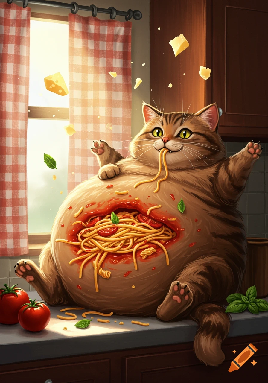 A fluffy cartoon cat sits on a counter with its belly cut open to reveal spaghetti and sauce, while eating a noodle, with cheese and tomatoes around.