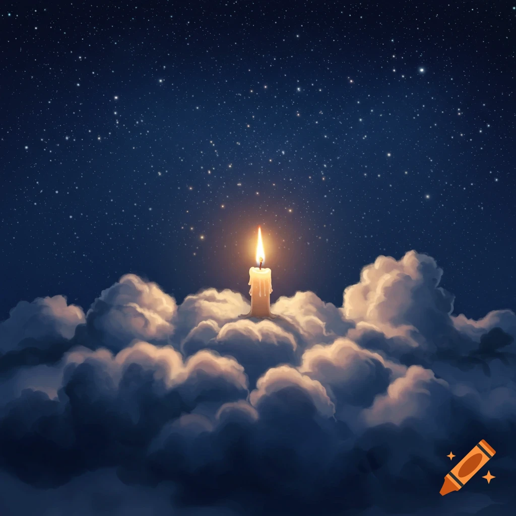 A lit candle sits atop fluffy clouds under a dark, starry night sky.