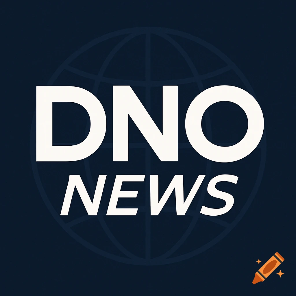 A dark blue logo featuring the white text 'DNO NEWS' with a subtle globe graphic in the background.