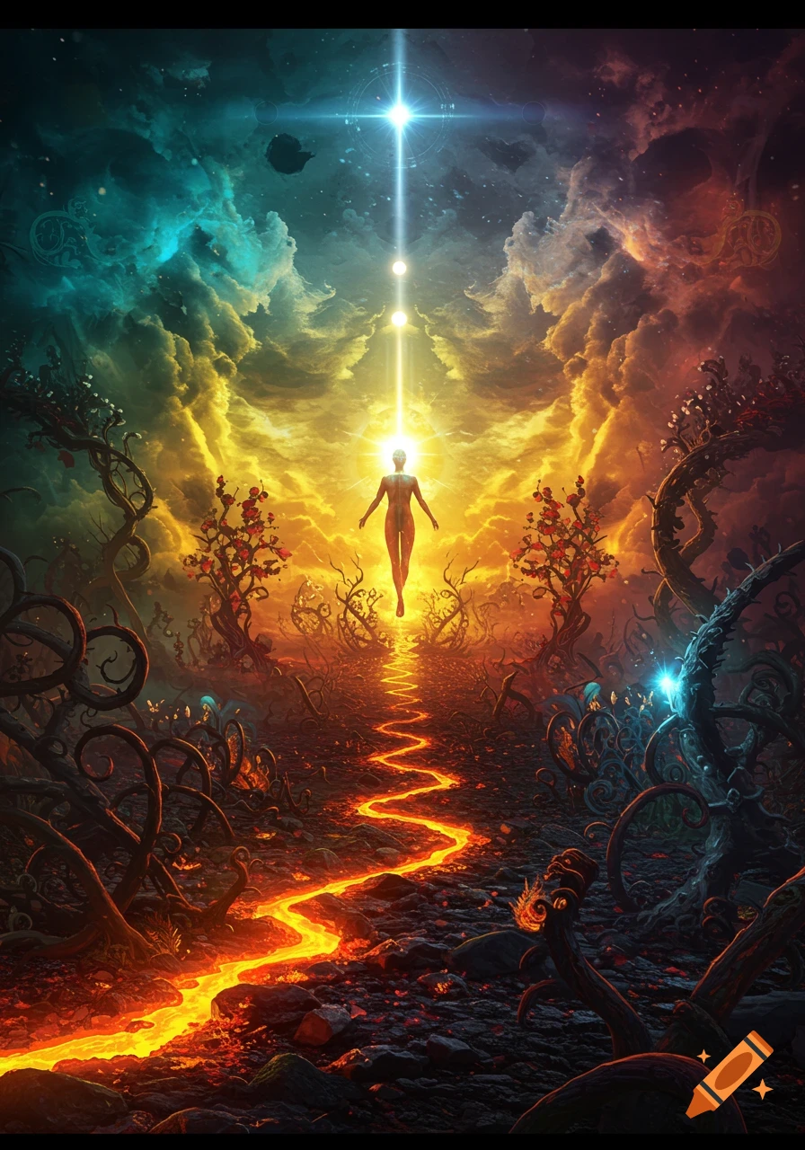 A glowing ethereal figure floats above a lava path dividing a dual-toned sky of blue and fiery orange, surrounded by dark, gnarled trees.
