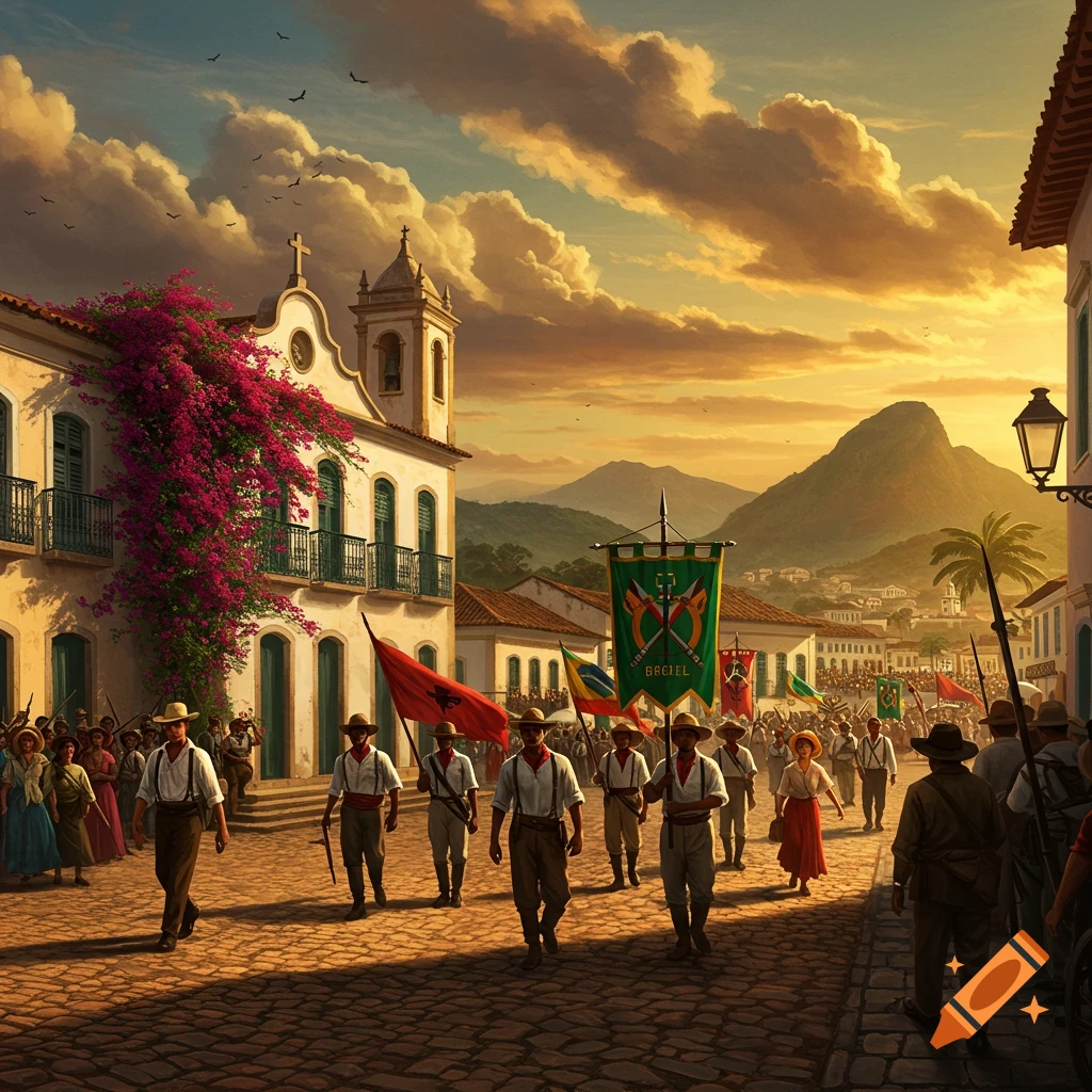 A historical scene of a parade on a cobblestone street at sunset, with people marching, a church, and mountains.
