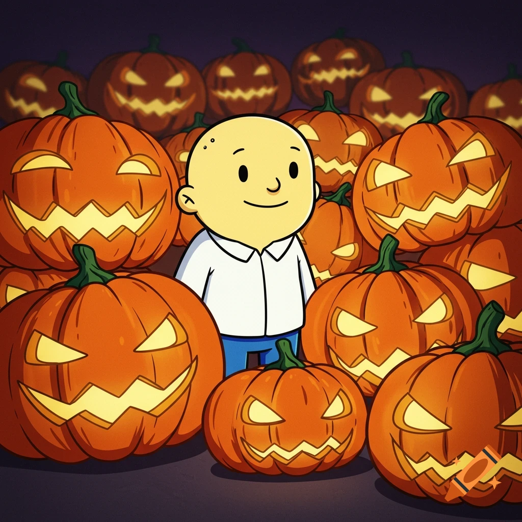 A smiling bald cartoon man in a white shirt and blue pants surrounded by glowing jack-o'-lanterns in a dark, cel-shaded style.