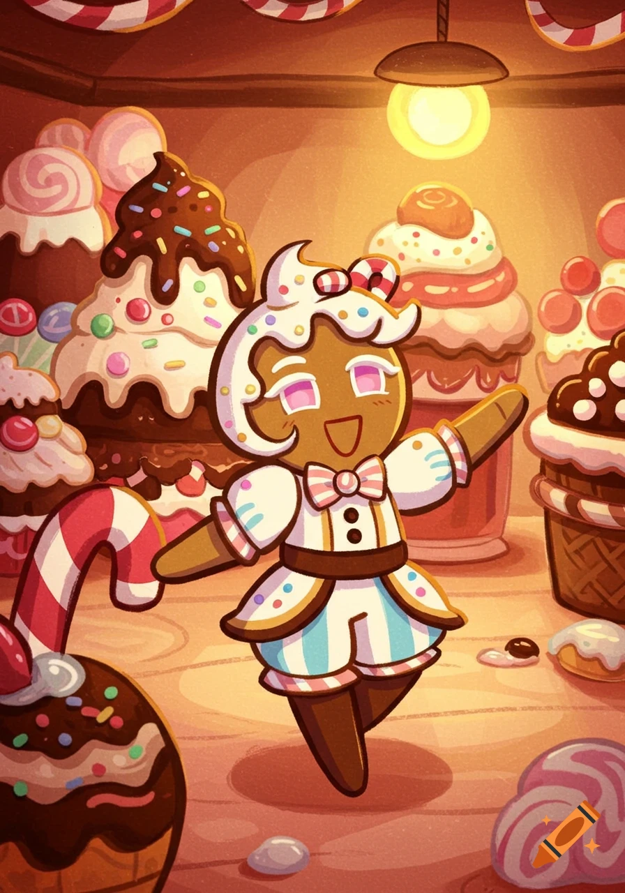 A cute, smiling gingerbread character in a white and blue outfit stands among giant cupcakes and candies in a warm, cartoon style.