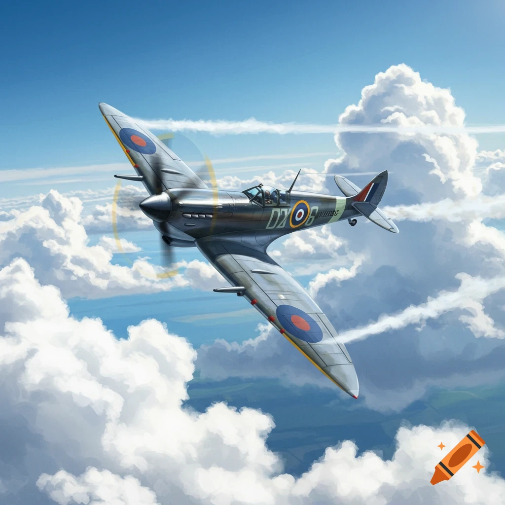 An illustrated WWII Spitfire airplane flying through a clear blue sky amidst white clouds.