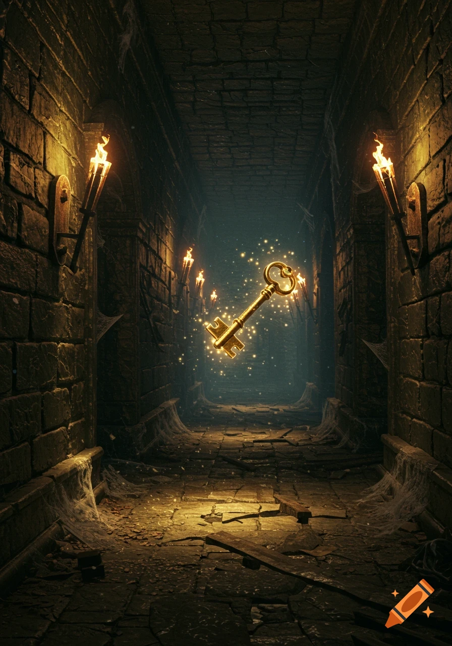 A glowing golden key floats in a dark, ancient stone dungeon corridor lit by torches and covered in cobwebs.