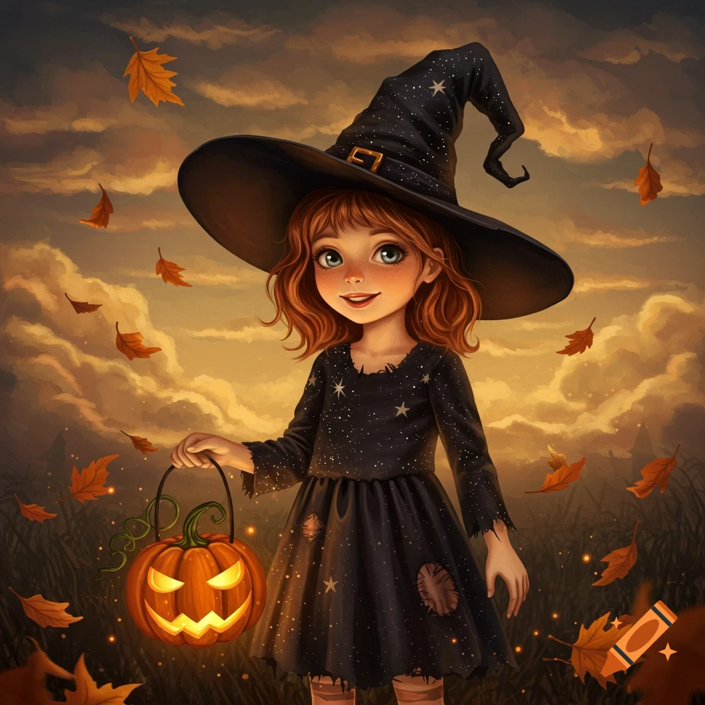 A cute cartoon witch girl with red hair, wearing a black dress and hat, holds a glowing jack-o'-lantern as autumn leaves fall around her at dusk.