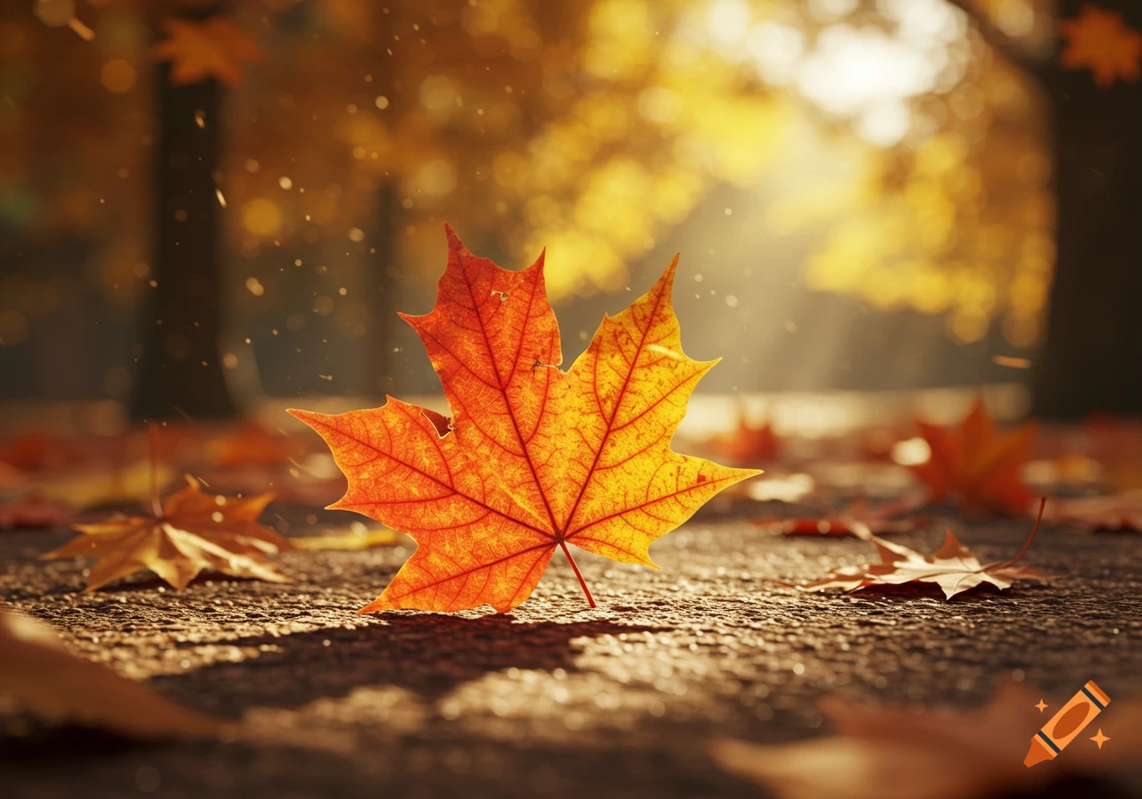 A close-up of a vibrant orange and yellow maple leaf on a textured path, with a sunlit, blurred autumn forest in the background.