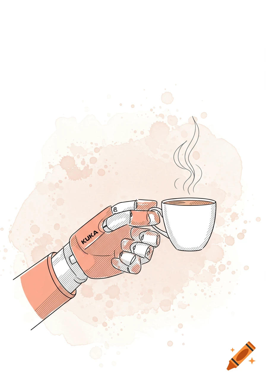 A minimalistic line art illustration of a robot hand holding a steaming cup of coffee, with a KUKA logo and a soft pink watercolor splash background.