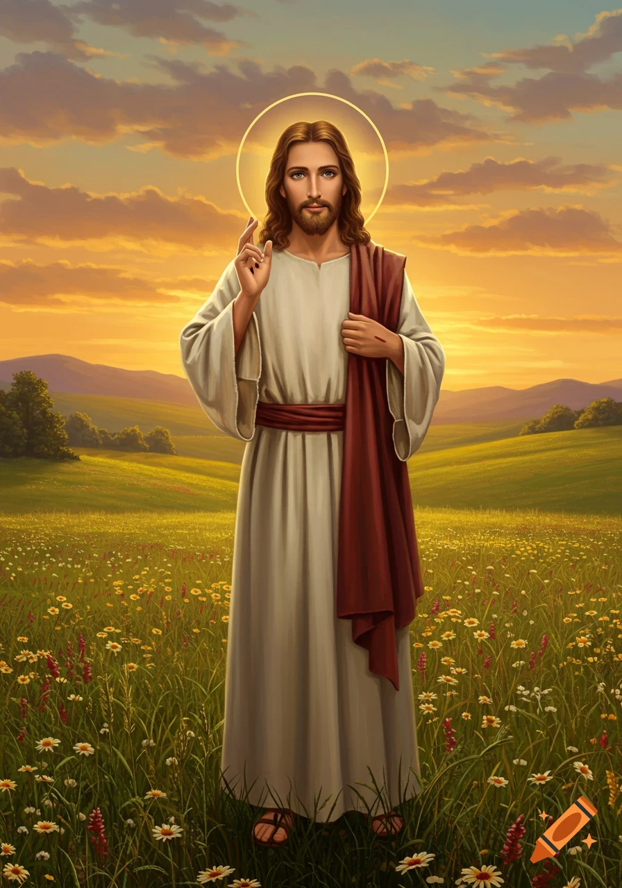 Jesus Christ with a halo, in a white robe and red sash, stands in a field of wildflowers under a sunset sky.