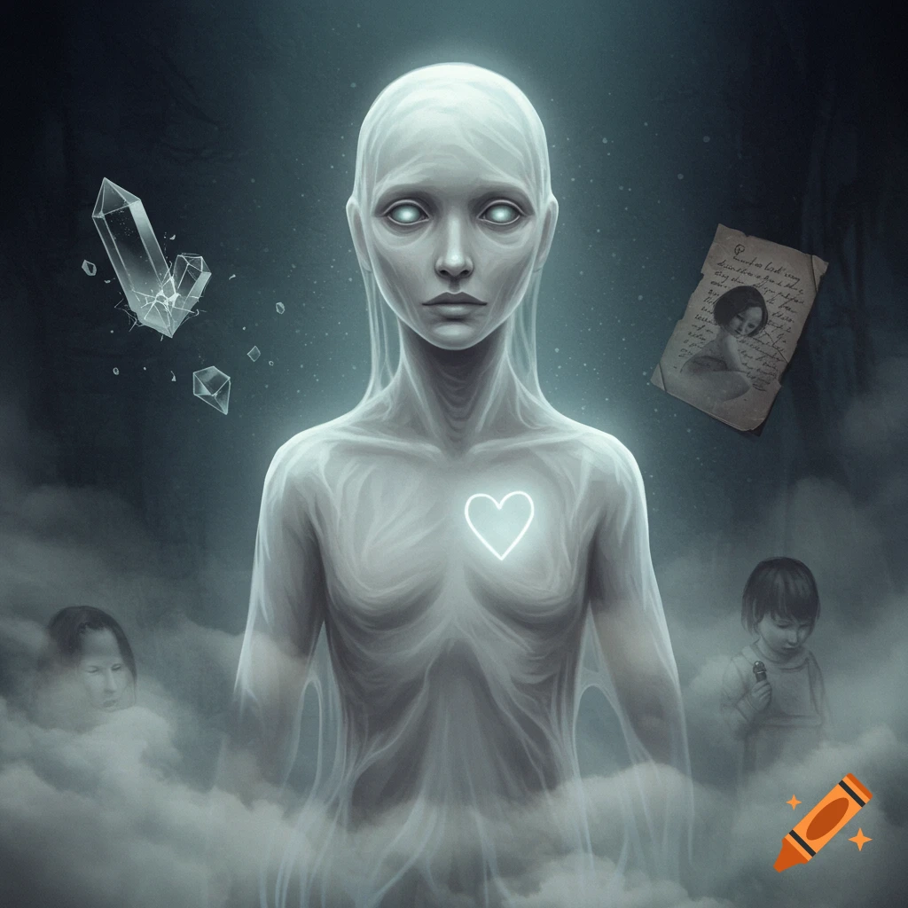 An ethereal, pale figure with glowing eyes and a luminous heart symbol, surrounded by mist, floating crystals, and faint images of a child and a faded document.