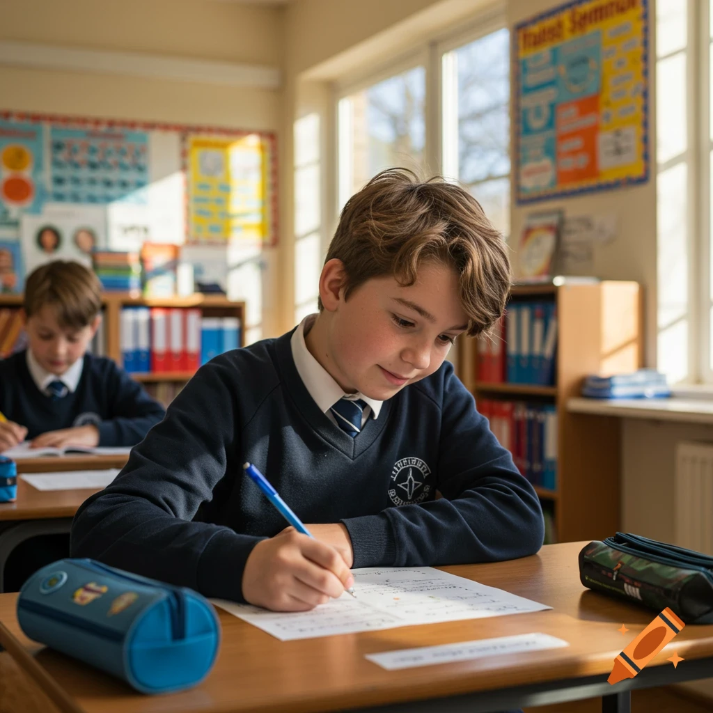 A young boy in a school uniform sits at a wooden desk, focused on writing on a paper with a blue pen in a sunlit classroom.