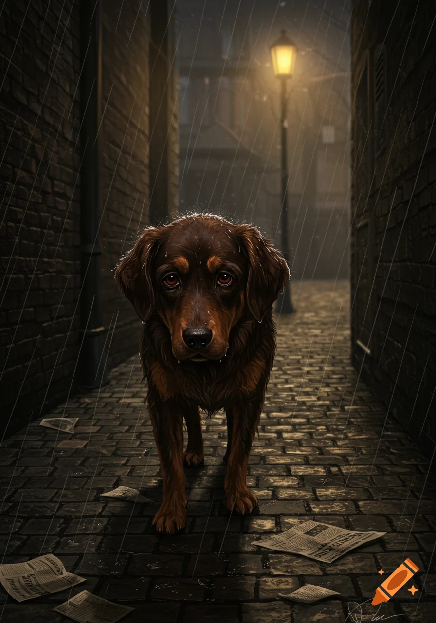 A sad brown dog stands in a dark, rainy alleyway at night, illuminated by a distant street lamp, with scattered wet newspapers on the cobblestones.