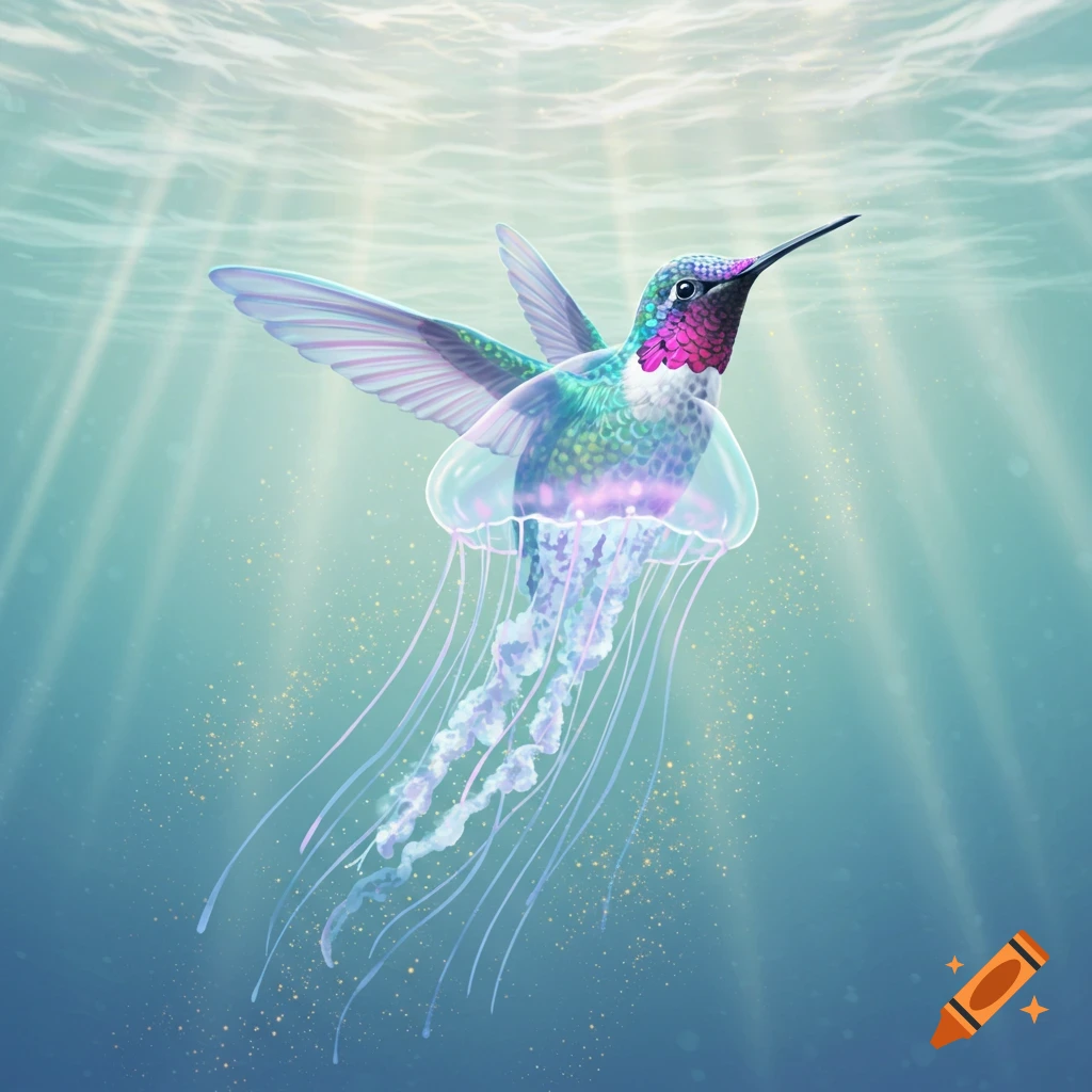 A vibrant hummingbird-jellyfish hybrid with iridescent feathers and glowing tendrils swims gracefully underwater, illuminated by sunbeams.
