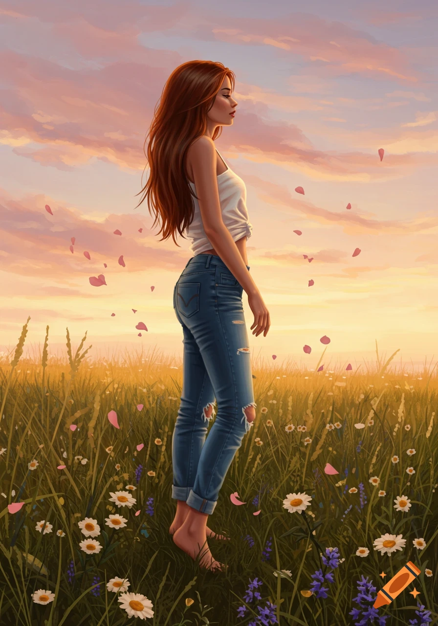 A barefoot woman with long red hair stands in a field of wildflowers at sunset in a digital art style.