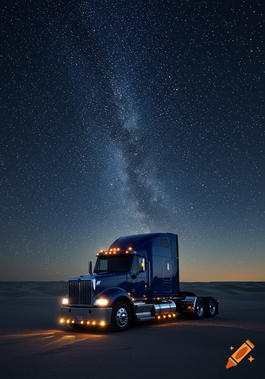 A dark blue semi-truck with its lights on, parked in a desert landscape under a clear, starry night sky with the Milky Way visible.