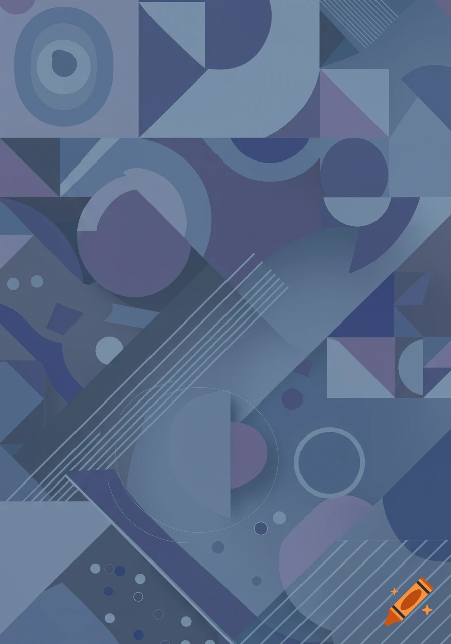 Abstract pattern of blue and purple geometric shapes including circles, triangles, squares, and lines.